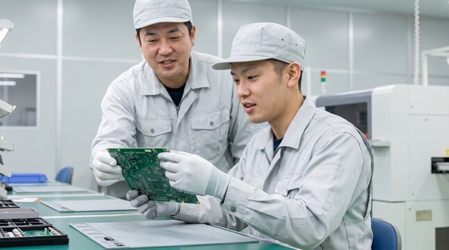 製造現場で電子基板の確認を行う作業員と指導者のOJT風景