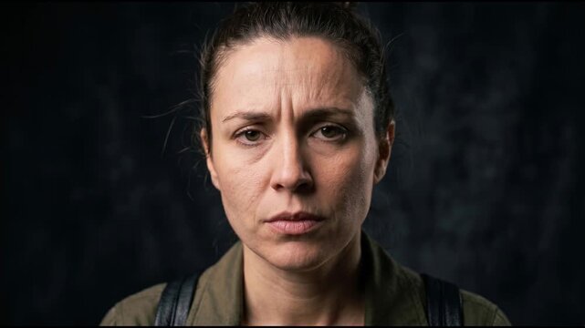Concerned Woman Looking Directly at Camera With Subtle Facial Tension