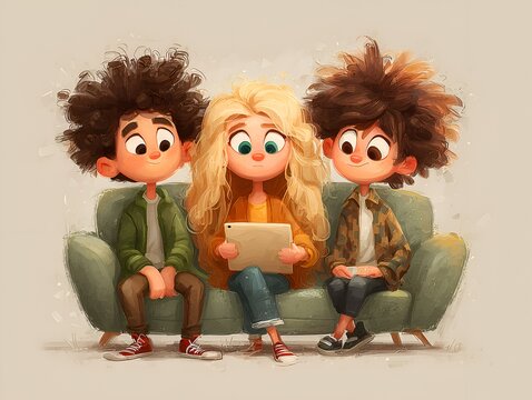 Two boys and a girl with tousled hair smile as they sit together using a tablet on a green couch in an expressive cartoon style.