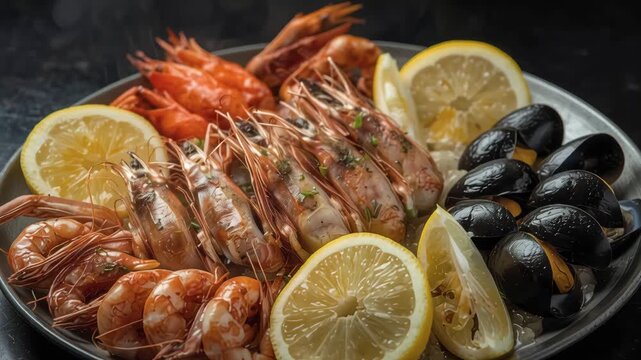 Grilled shrimp mussel platter with lemon slices herb garnish savory seafood prawns shellfish
