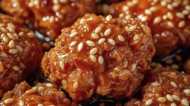 Glazed sesame chicken bite glazed in sticky sauce with crunchy seeds, savory and appetizing