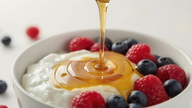 Creamy yogurt bowl with honey drizzle and fresh raspberry blueberry fruit mix
