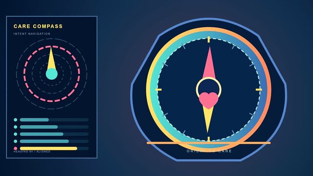 Digital empathy networks depicted as animated circular radar interfaces rotating with glowing hearts and shifting data bars on a dark navy blue screen for software design