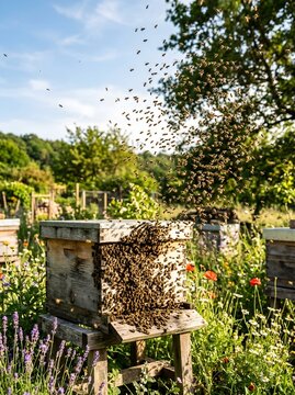 Active Honeybee Hive Covered in Bee Cluster with Swarm Cloud Rising Above Wooden Langstroth Box in Blooming Cottage Garden with Lavender Poppies and Wildflowers