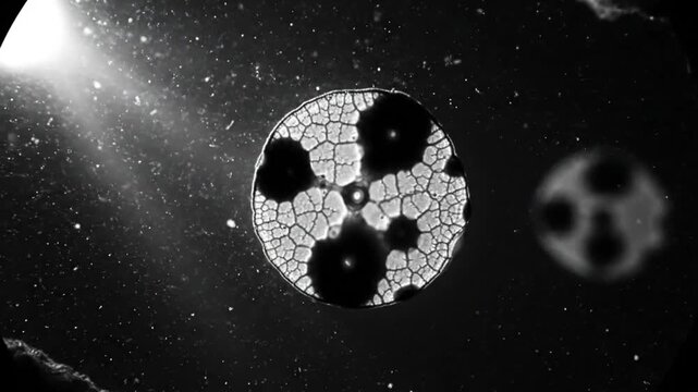 Black and white abstract microcosm with a cellular structure and a bright light ray shining in outer space