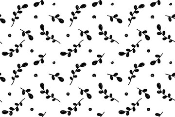 A striking black-and-white seamless pattern featuring stylized leafy branches and scattered minimalist dots against a crisp white background.  © Yuliya