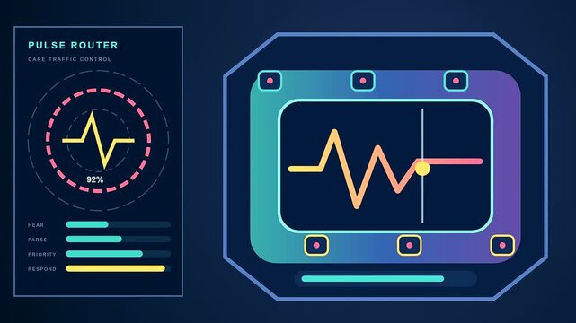 Data pulse monitor screens displaying digital empathy networks in a cyclic animation sequence with abstract glowing waveform graphs shifting across deep navy blue interface frames