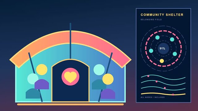 Digital empathy networks visualize social connection data streams through geometric shelter icons with pulsating circular user tracking modules and glowing lines in a minimalist graphic presentation