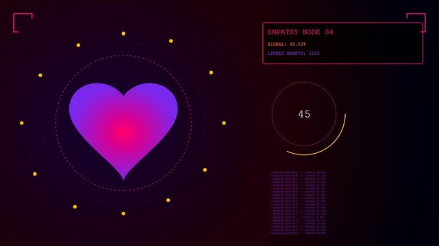 Digital empathy networks visualize heartbeat metrics within a dark futuristic display system showing varying data stream pulses during rapid transitions across multiple interface screen panels