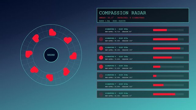 Digital empathy networks visualize human emotional data signals in this progressive motion sequence showing shifting radar scans with floating crimson heart icons and glowing monitor graphics