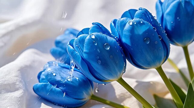 Blue tulips with water droplets