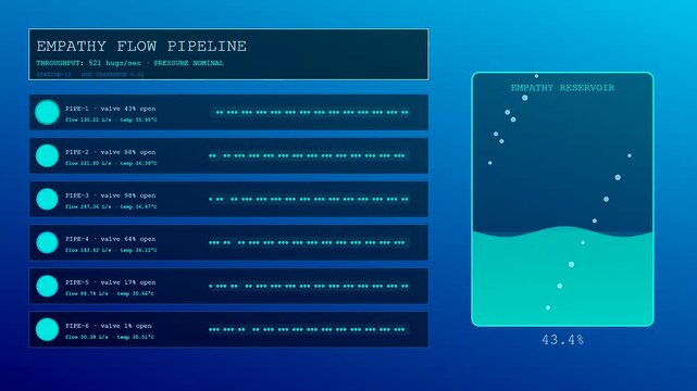 Three panel digital empathy networks visualization showing fluid levels within pipes and reservoir tanks to track data processing activity in a glowing blue graphical interface