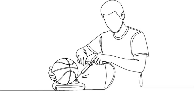 Person inflating basketball with hand pump.