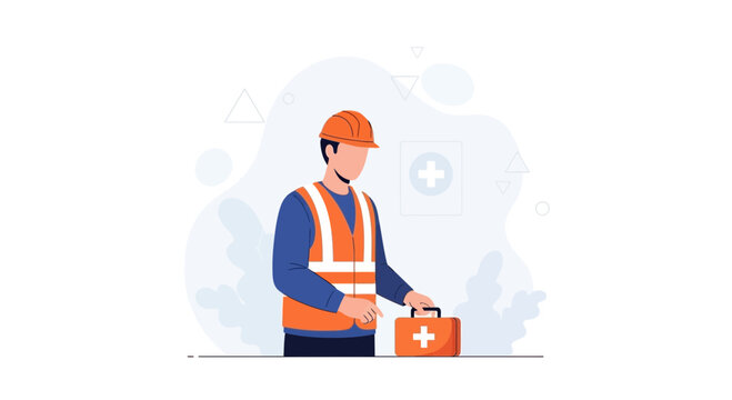 Construction worker with safety vest and hard hat holding a first aid kit, symbolizing workplace safety and emergency response.