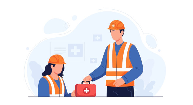 Construction Workers with First Aid Kit, Safety and Medical Assistance Concept Illustration