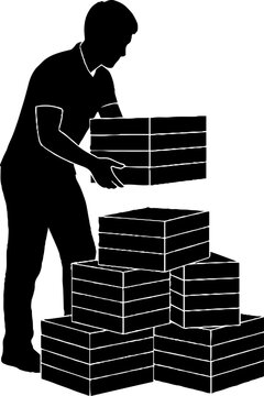 Worker lifting and stacking cardboard boxes in warehouse.