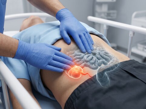Detailed appendicitis right iliac fossa palpation transparent featuring appendicitis, right iliac fossa and rebound tenderness, created as a clinical composite, ultra-detailed and noise-free.

