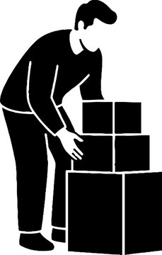 Worker stacking boxes in warehouse silhouette.