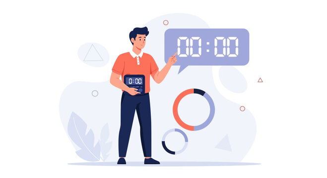 Coach or Manager timing exercise or project with digital timer and charts, illustrating planning and performance tracking.