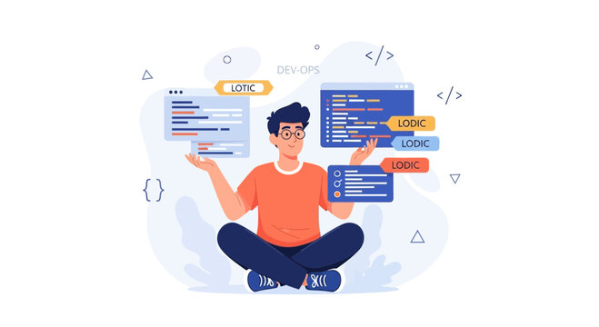 Developer with Code Snippets and Logic Tags, Representing DevOps and Programming Concepts