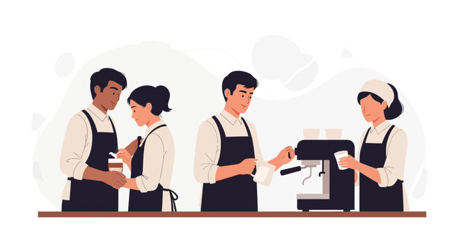 Diverse Baristas Prepare Coffee Drinks with Espresso Machine and Tools in Modern Flat Illustration Style