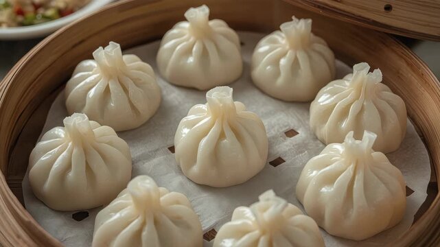 Steamed soup dumpling in bamboo steamer with glossy pleated dough, dim sum dumpling savory aroma