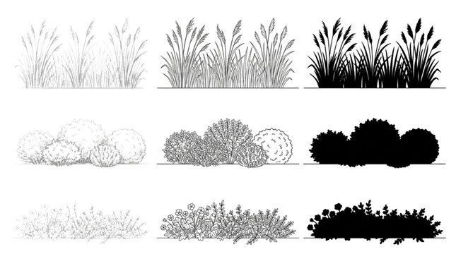 CAD Landscape Vegetation Blocks Set with Grass and Shrubbery Silhouettes