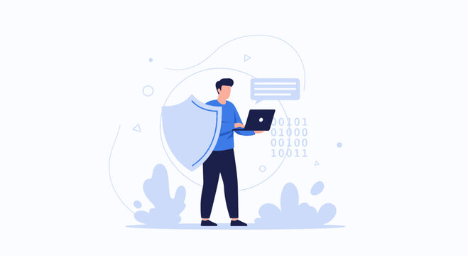 Cybersecurity concept: Person with laptop and shield, binary code, data protection, secure communication
