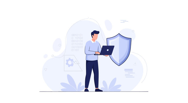 Cybersecurity Concept: Person with Laptop and Shield Symbolizing Data Protection and Network Security