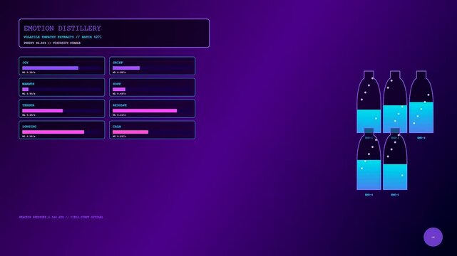 Digital empathy networks visualize dynamic data tracking as glowing blue containers shift levels across a vibrant deep purple interface displayed on an animated computer screen panel