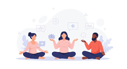 Fototapeta premium Diverse group meditating together, symbolizing mental wellness, mindfulness, and digital health connectivity.