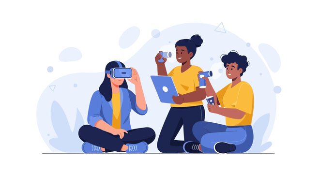Diverse friends experiencing virtual reality and technology together, symbolizing innovation and collaboration.