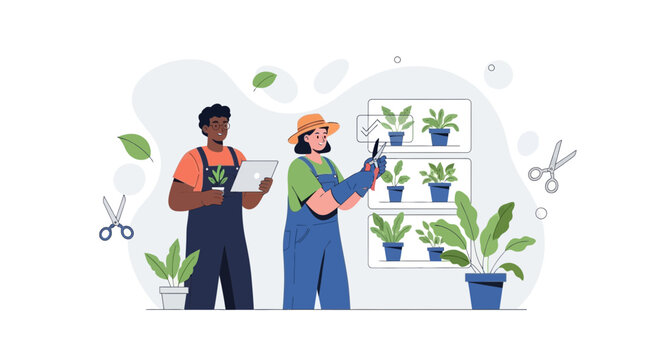 Diverse gardeners tending plants with technology and tools, modern urban farming, vertical garden, illustration