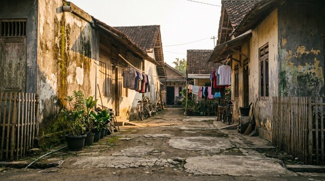 Old village street with houses and laundry