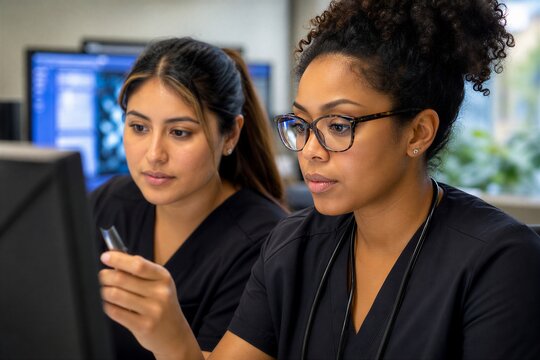 Multiracial Medical Coders Collaborating to Review Patient Records for Billing and Compliance Documentation