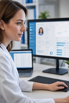 Healthcare Manager Efficiently Operating Hospital Software for Patient Data and Appointment Scheduling