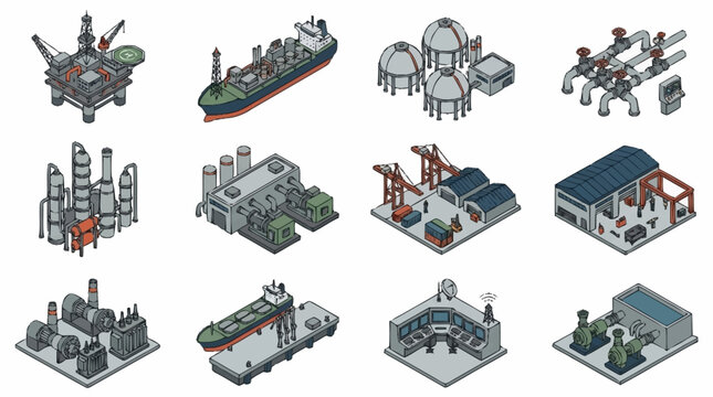 Isometric Industrial Buildings and Ships Collection.