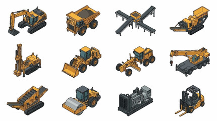 Collection of yellow construction vehicles and heavy machinery. © Solikin