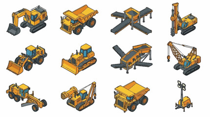 Collection of yellow construction vehicles in isometric style. © Solikin