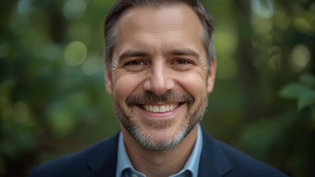 Smiling middle aged man portrait outdoors brown beard mustache smile confident relaxed natural bokeh