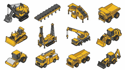 Collection of yellow construction vehicles and machinery. © Solikin