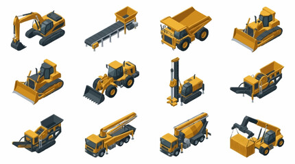 Collection of yellow construction vehicles and machinery. © Solikin