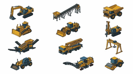 Collection of heavy construction machinery and equipment illustrations. © Solikin