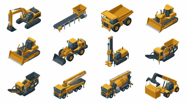 Collection of yellow construction vehicles and machinery.
