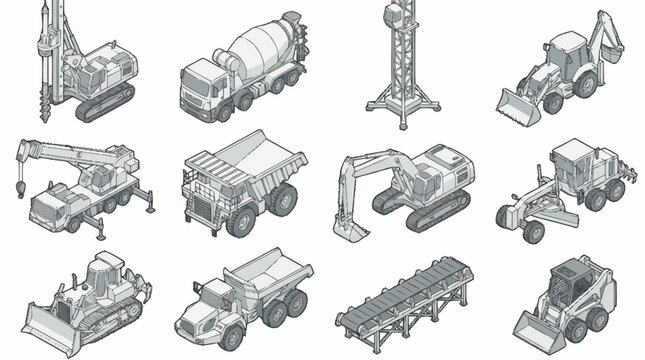Collection of heavy construction machinery and vehicles.