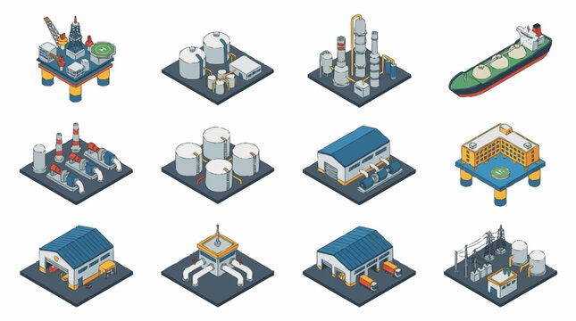 Isometric Industrial Buildings and Infrastructure Set.