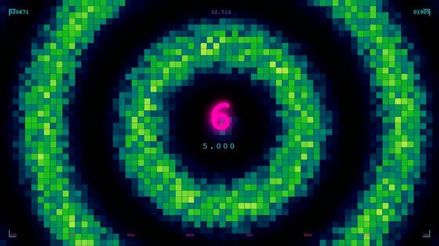 System resource monitoring dashboard displays changing numerical digits inside a glowing green pixel ring pattern that pulses with shifting light effects across the dark display