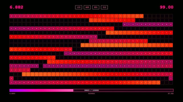 System resource monitoring software displays complex data grids and fluctuating progress bars across three separate digital panels in a dark monochromatic environment for analytical study