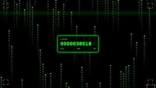 Digital system resource monitoring featuring green numerical sequences streaming rapidly across a dark screen within glowing rectangular frames displaying fluctuating data values in a virtual space