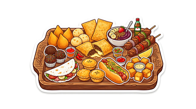 Brazilian food platter featuring coxinha, pastel, acai bowl, churrasco skewers, brigadeiro, and hot dog